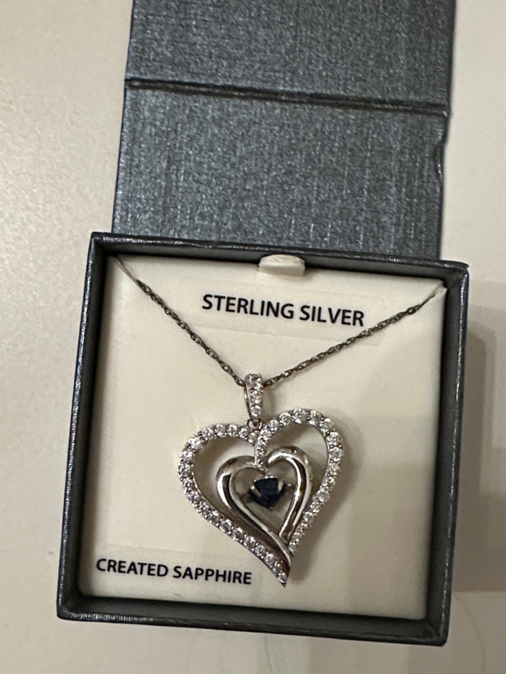 Sterling Silver & Created Sapphire Heart Pendant Necklace NIB
